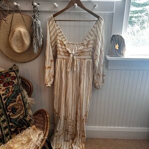 Anthropologie Ivory and Gold Embroidered Dress